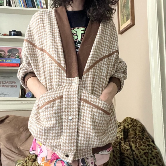 shein dazy • brown & white houndstooth snap button overcoat jacket - Picture 15 of 16